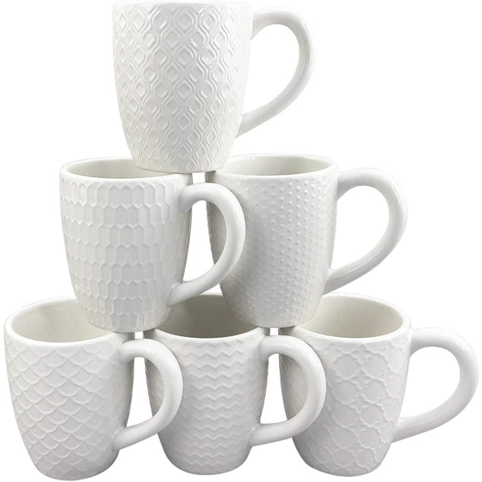 qizhongtrade White Ceramic Coffee Mugs Set Of 6, Stylish Embossed